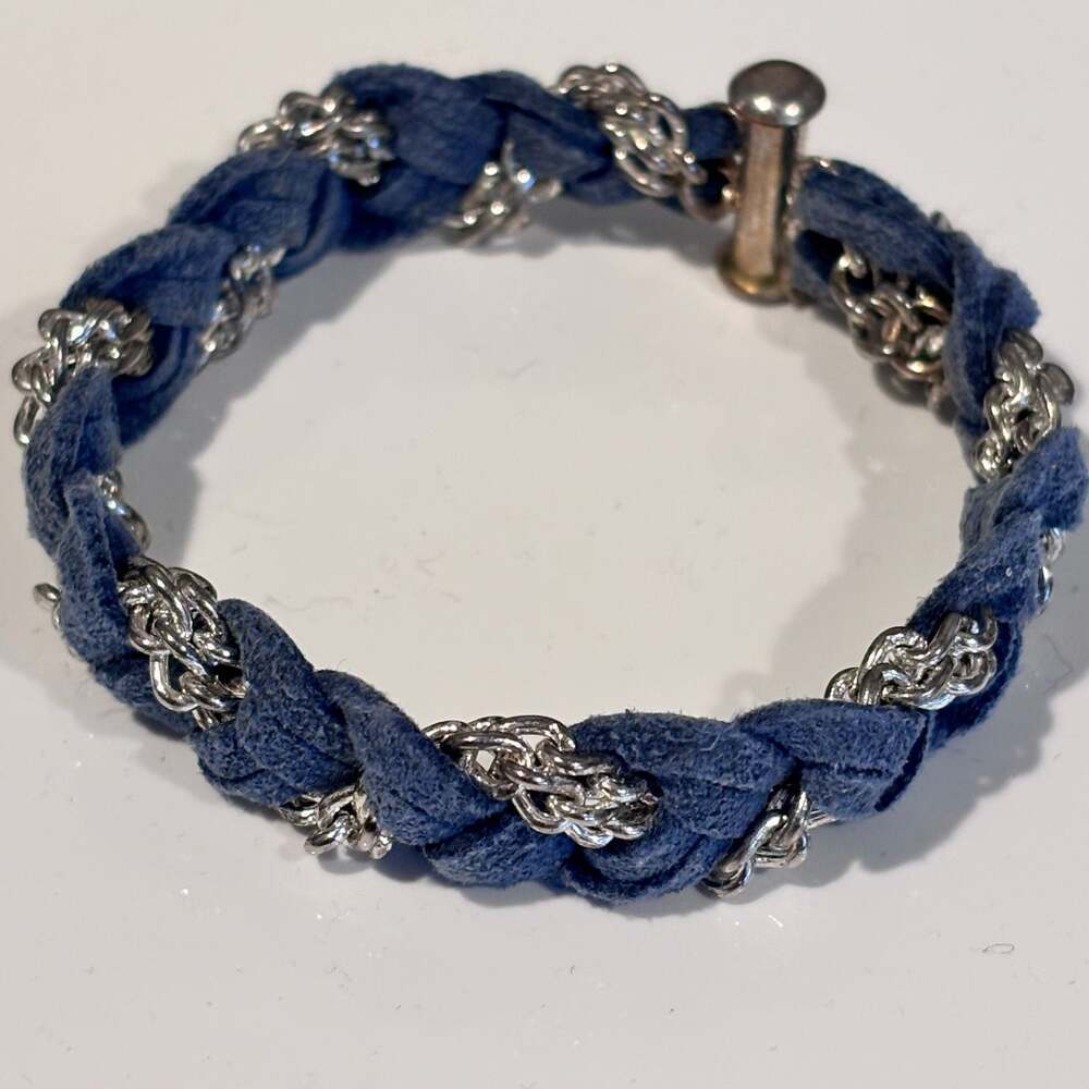 Vintage Denim Suede Silver Tone Chain Braided Bracelet